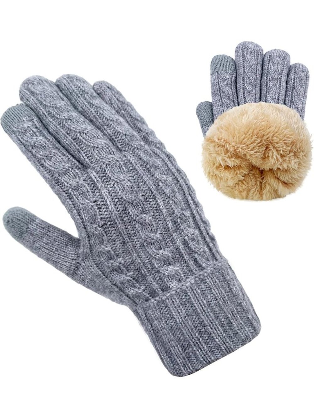Women's Grey Touch Screen Folding Cuffs Thermal Fleece Elastic Knit Warm Gloves